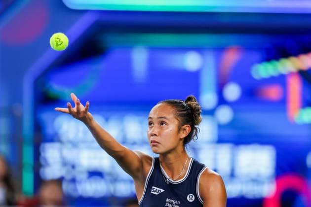 WUHAN, CHINA - OCTOBER 07: Leylah Fernandez of Canada competes in the Women s Singles Round of 64 match against Diana Shnaider of Russia on day three of 2024 Wuhan Open at Optics Valley International Tennis Center on October 7, 2024 in Wuhan, Hubei Province of China.  Copyright: xVCGx 111522353389