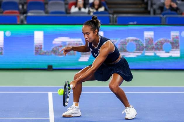 WUHAN, CHINA - OCTOBER 07: Leylah Fernandez of Canada competes in the Women s Singles Round of 64 match against Diana Shnaider of Russia on day three of 2024 Wuhan Open at Optics Valley International Tennis Center on October 7, 2024 in Wuhan, Hubei Province of China.  Copyright: xVCGx 111522353387