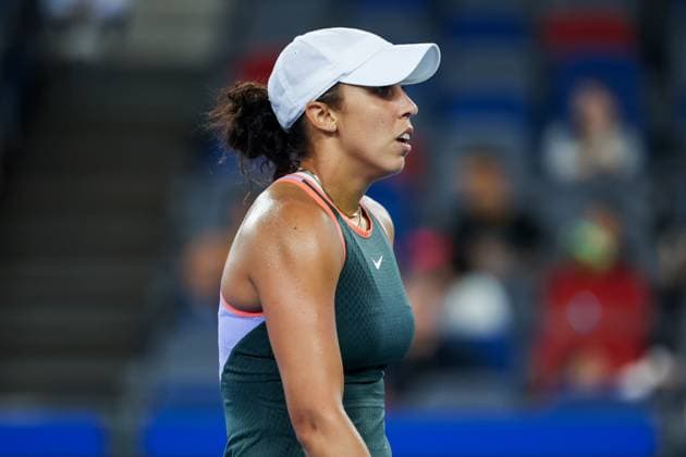 WUHAN, CHINA - OCTOBER 07: Madison Keys of United States reacts in the Women s Singles Round of 64 match against Beatriz Haddad Maia of Brazil on day three of 2024 Wuhan Open at Optics Valley International Tennis Center on October 7, 2024 in Wuhan, Hubei Province of China.  Copyright: xVCGx 111522350606