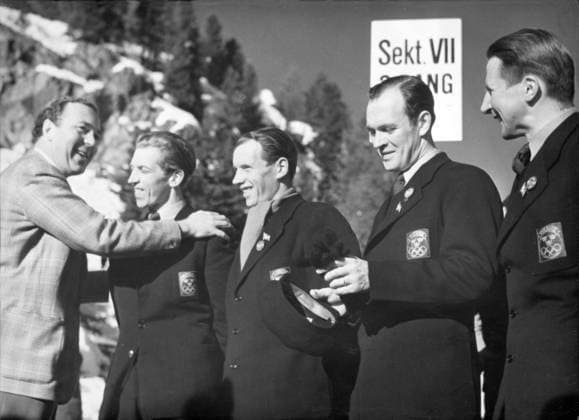 SWITZERLAND SAINT MORITZ 1948-02. Orig. caption... THE WINTER OLYMPICS. 18 km. the triumph. Sweden s winning quartet in 18 km. sat as a spectator at the Ice hockey, Eishockey match Sweden-Czechoslovakia at the Ice Stadium. Prince Bertil, who was sitting on the podium, saw the four and hurried over to congratulate them. Fr.v. Prince Bertil, M. Lundström, G. Eriksson, N. Östensson and N. Karlsson. Note Skiers Princes Congratulations CD355 persons: MARTIN LUNDSTRÖM; GUNNAR ERIKSSON; NILS ÖSTENSSON; NILS MORA-NISSE KARLSSON; BERTIL, PRINCE OF SWEDEN sites: SCHWEIZ; SANKT MORITZ; SWEDEN* SANKT MORITZ SWITZERLAND OS sp_sw x5600x *** SWITZERLAND SAINT MORITZ 1948 02 Orig caption THE WINTER OLYMPICS 18 km the triumph Sweden s winning quartet in 18 km sat as a spectator at the ice hockey match Sweden Czechoslovakia at the Ice Stadium Prince Bertil, who was sitting on the podium, saw the four and hurried over to congratulate them Fr v Prince Bertil, M Lundström, G Eriksson, N Östensson and N Karlsson Note Skiers Princes Congratulations CD355 persons MARTIN LUNDSTRÖM GUNNAR ERIKSSON NILS ÖSTENSSON NILS MORA NISSE KARLSSON BERTIL, PRINCE OF SWEDEN sites SCHWEIZ SANKT MORITZ SWEDEN SANKT MORITZ SWITZERLAND OS sp sw x5600x  Copyright: xx 1948 WINTER OLYMPICS IN SAINT MORITZ