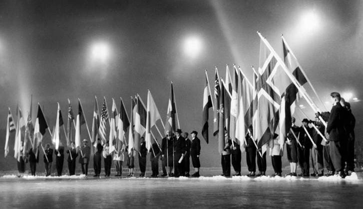 NORWAY OSLO 1952-02-25. The flag display at the closing ceremony at Bislet during the 1952 Winter Olympics. Oslo Norway OS sp_sw x5600x *** NORWAY OSLO 1952 02 25 The flag display at the closing ceremony at Bislet during the 1952 Winter Olympics Oslo Norway OS sp sw x5600x  Copyright: xSVTx 1952 WINTER OLYMPICS
