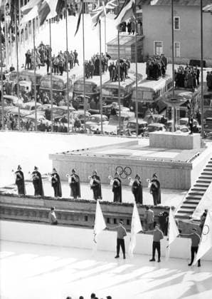 ITALY CORTINA 01 26 1956. Italian Speed skating, Eisschnelllauf champion Guido Caroli lights the Olympic flame during the opening ceremony at the Cortina Ice Stadium at the 1956 Winter Olympics. Cortina Italy OS sp_sw x5600x *** ITALY CORTINA 01 26 1956 Italian speed skating champion Guido Caroli lights the Olympic flame during the opening ceremony at the Cortina Ice Stadium at the 1956 Winter Olympics Cortina Italy OS sp sw x5600x  Copyright: xOwexG.xSjöblom SVTx 1956 WINTER OLYMPICS