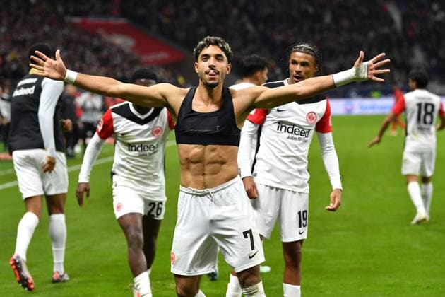 Soccer 1 Bundesliga 6 Matchday Eintracht Frankfurt FC Bayern Munich on 06 10 2024 at Deutsche Bank Park in Frankfurt Goal celebration for 3 3 by Omar Marmoush Frankfurt DFL regulations prohibit any use of photographs as image sequences and or quasi video xJKx