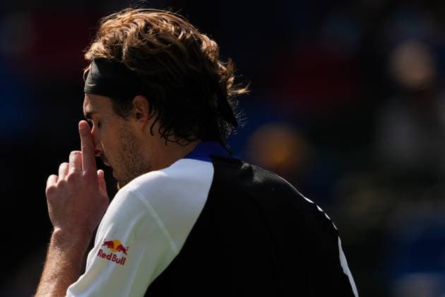 (241008) -- SHANGHAI, Oct. 8, 2024 -- Stefanos Tsitsipas reacts during the men s singles round of 32 match between Stefanos Tsitsipas of Greece and Alexandre Muller of France at the ATP, Tennis Herren World Tour Shanghai Masters tennis tournament in Shanghai, east China, Oct. 8, 2024. ) (SP)CHINA-SHANGHAI-TENNIS-ATP TOUR-SHANGHAI MASTERS(CN) XuxYanan 