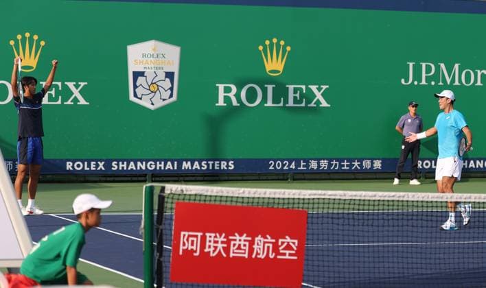 (241008) -- SHANGHAI, Oct. 8, 2024 -- Wang Aoran and Zhou Yi (L) celebrate after the men s doubles round of 32 match between Zhou Yi Wang Aoran of China and Sadio Doumbia Fabien Reboul of France at the ATP, Tennis Herren World Tour Shanghai Masters tennis tournament in Shanghai, east China, Oct. 8, 2024. ) (SP)CHINA-SHANGHAI-TENNIS-ATP TOUR-SHANGHAI MASTERS(CN) BaixXuefei 