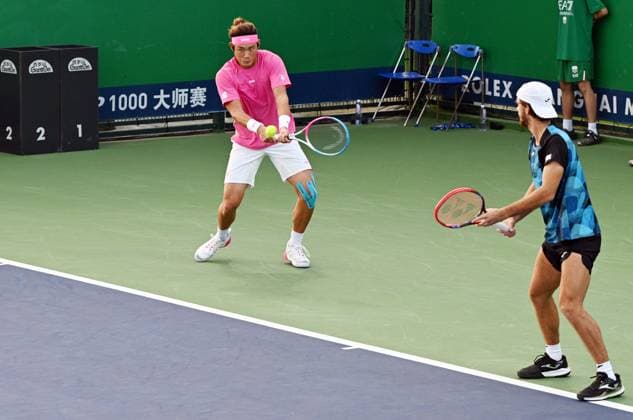 SHANGHAI, CHINA - OCTOBER 08: Zhang Zhizhen of China and Tomas Machac of Czechia compete in the Men s Doubles Round of 32 match against Simone Bolelli of Italy and Andrea Vavassori of Italy on Day 9 of 2024 Shanghai Rolex Masters at Qi Zhong Tennis Centre on October 8, 2024 in Shanghai, China.  Copyright: xZhangxHaohaox 111522597211
