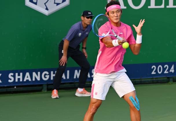 SHANGHAI, CHINA - OCTOBER 08: Zhang Zhizhen of China and Tomas Machac (not in the picture) of Czechia compete in the Men s Doubles Round of 32 match against Simone Bolelli of Italy and Andrea Vavassori of Italy on Day 9 of 2024 Shanghai Rolex Masters at Qi Zhong Tennis Centre on October 8, 2024 in Shanghai, China.  Copyright: xZhangxHaohaox 111522597206