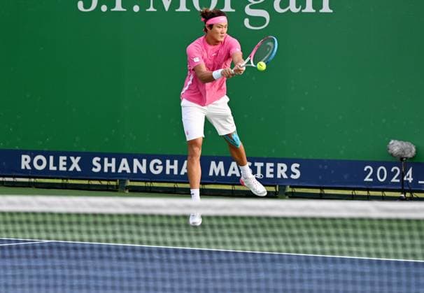 SHANGHAI, CHINA - OCTOBER 08: Zhang Zhizhen of China and Tomas Machac (not in the picture) of Czechia compete in the Men s Doubles Round of 32 match against Simone Bolelli of Italy and Andrea Vavassori of Italy on Day 9 of 2024 Shanghai Rolex Masters at Qi Zhong Tennis Centre on October 8, 2024 in Shanghai, China.  Copyright: xZhangxHaohaox 111522597200