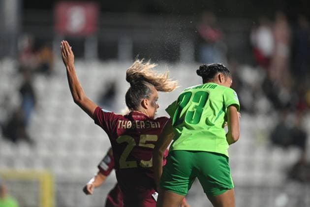 Sveindis Jonsdottir of VfL Wolfsburg Women and Frederikke Thogersen of A.S. Roma Women during the Women Champion League Rome vs Wolfsburg 08 October 2024 at the Tre Fontane Stadium in Rome  Copyright: xMassimilianoxCervera IPAxSportx x xx IPA_50438378 IPA_Agency_IPA50438378