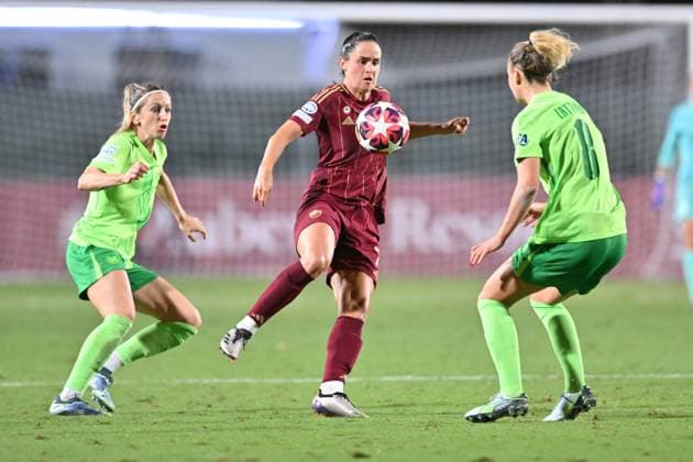 8th October 2024; Stadio Tre Fontane, Rome, Italy; UEFA Womens Champions League Football, Roma versus Wolsburg; Evelyne Viens of AS Roma takes on Lena Lattwein of Wolfsburg  ActionPlus12701618 AllShotLive