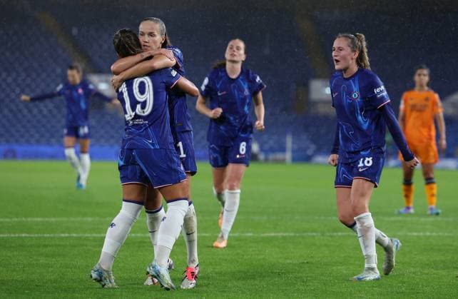London, England, 8th October 2024. Guro Reiten of Chelsea celebrates after scoring to make it 2-0 during the UEFA Womens Champions League match at Stamford Bridge, London. Picture credit should read: Paul Terry Sportimage EDITORIAL USE ONLY. No use with unauthorised audio, video, data, fixture lists, club league logos or live services. Online in-match use limited to 120 images, no video emulation. No use in betting, games or single club league player publications. SPI-3367-0025