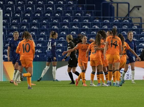 Real Madrid celebrate their opening goal Chelsea Women v Real Madrid Women, UEFA Women s Champions League, Group B, Second Leg, Football, Stamford Bridge , London, UK, 08 Oct 2024 EDITORIAL USE ONLY No use with unauthorised audio, video, data, fixture lists, club league logos or live services. Online in-match use limited to 120 images, no video emulation. No use in betting, games or single club league player publications. Copyright: xDavexShopland Shutterstockx 14767080v