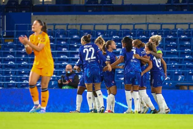 London, England, October 8th 2024: Chelsea players celebrate a goal scored by Sjoeke Nusken (6 Chelsea) during the UEFA Womens Champions League game between Chelsea and Real Madrid at Stamford Bridge in London, England (Alexander Canillas SPP) Copyright: xAlexanderxCanillas SPPx spp-en-AlCa-9U2A8998