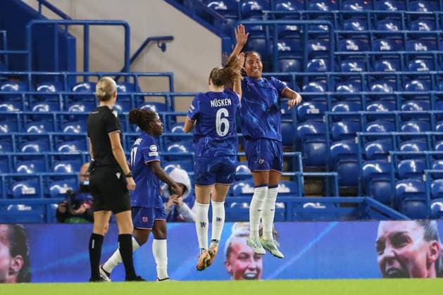 8th October 2024; Stamford Bridge, London, England; UEFA Womens Champions League Football, Chelsea versus Real Madrid; Mayra Ramirez of Chelsea celebrates her goal with Sjoeke Nusken of Chelsea in the 52nd minute for 3-1.  ActionPlus12701666 KatiexChan