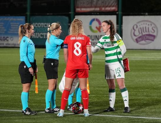 Kelly Clark of Celtic & Danique van Ginkel of FC Twente shake hands with referee Ewa Augustyn before kick off. Celtic Women v FC Twente Women, UEFA Women s Champions League, Group B, Second Leg, Football, New Douglas Park , Hamilton, Scotland, UK, 08 Oct 2024 EDITORIAL USE ONLY No use with unauthorised audio, video, data, fixture lists, club league logos or live services. Online in-match use limited to 120 images, no video emulation. No use in betting, games or single club league player publications. Copyright: xStuartxWallace Shutterstockx 14767155v