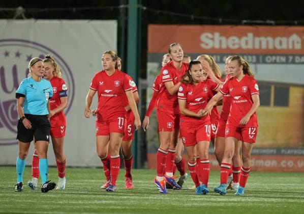 Kayleigh Van Dooren of FC Twente celebrates with team mates after scoring to give Twente a 0-1 lead. Celtic Women v FC Twente Women, UEFA Women s Champions League, Group B, Second Leg, Football, New Douglas Park , Hamilton, Scotland, UK, 08 Oct 2024 EDITORIAL USE ONLY No use with unauthorised audio, video, data, fixture lists, club league logos or live services. Online in-match use limited to 120 images, no video emulation. No use in betting, games or single club league player publications. Copyright: xStuartxWallace Shutterstockx 14767155z