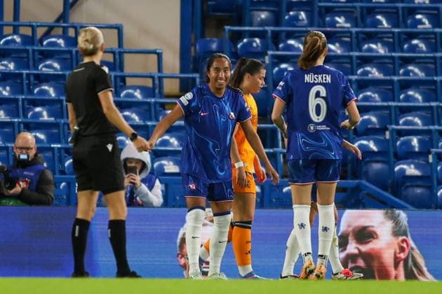 London, England, October 8th 2024: Mayra Ramirez (7 Chelsea) celebrate with Sjoeke Nusken (6 Chelsea) after scoring a goal during the UEFA Womens Champions League game between Chelsea and Real Madrid at Stamford Bridge in London, England (Alexander Canillas SPP) Copyright: xAlexanderxCanillas SPPx spp-en-AlCa-9U2A9369