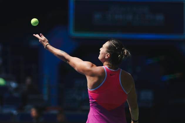 WUHAN, CHINA - OCTOBER 09: Aryna Sabalenka of Belarus serves in the Women s Singles Round of 32 match against Katerina Siniakova of Czech Republic on day five of 2024 Wuhan Open at Optics Valley International Tennis Center on October 9, 2024 in Wuhan, Hubei Province of China.  Copyright: xVCGx 111522707127