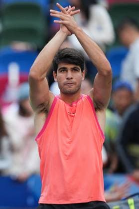 (241009) -- SHANGHAI, Oct. 9, 2024 -- Carlos Alcaraz celebrates after the men s singles round of 16 match between Carlos Alcaraz of Spain and Gael Monfils of France at the ATP, Tennis Herren World Tour Shanghai Masters tennis tournament in Shanghai, east China, Oct. 9, 2024. ) (SP)CHINA-SHANGHAI-TENNIS-ATP TOUR-SHANGHAI MASTERS(CN) XuxYanan 