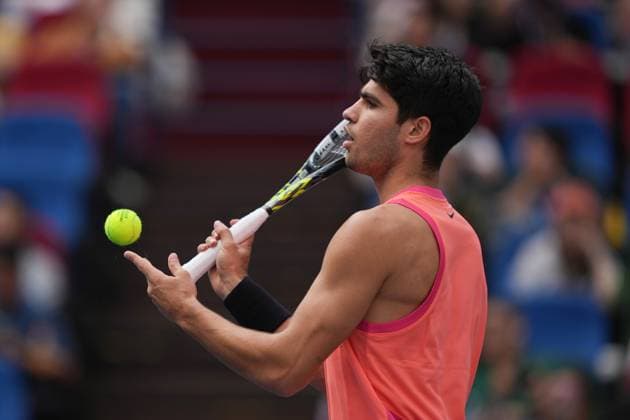 (241009) -- SHANGHAI, Oct. 9, 2024 -- Carlos Alcaraz reacts during the men s singles round of 16 match between Carlos Alcaraz of Spain and Gael Monfils of France at the ATP, Tennis Herren World Tour Shanghai Masters tennis tournament in Shanghai, east China, Oct. 9, 2024. ) (SP)CHINA-SHANGHAI-TENNIS-ATP TOUR-SHANGHAI MASTERS(CN) XuxYanan 