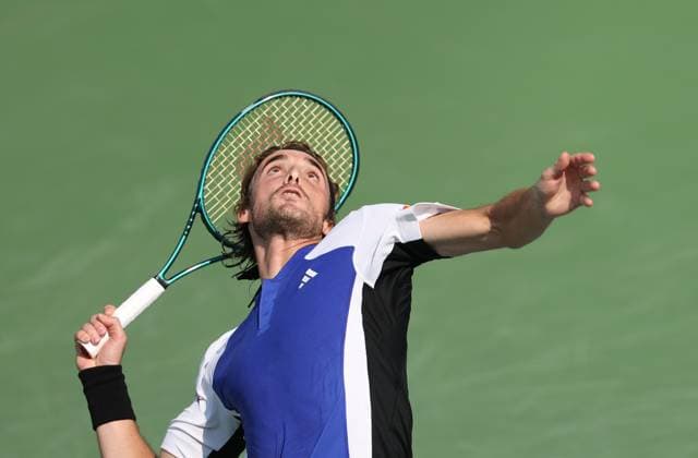 (241009) -- SHANGHAI, Oct. 9, 2024 -- Stefanos Tsitsipas serves during the men s singles round of 16 match between Daniil Medvedev of Russia and Stefanos Tsitsipas of Greece at the ATP, Tennis Herren World Tour Shanghai Masters tennis tournament in Shanghai, east China, Oct. 9, 2024. ) (SP)CHINA-SHANGHAI-TENNIS-ATP TOUR-SHANGHAI MASTERS(CN) BaixXuefei 