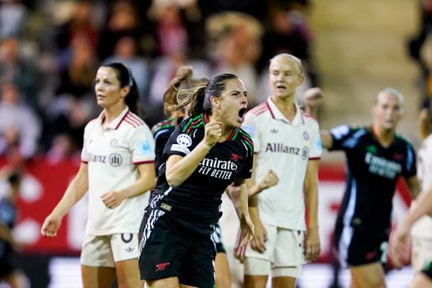 Munich, Germany, October 9th 2024: Laia Codina (5 Arsenal) celebrates after scoring her teams second goal during the UEFA Womens Champions League Group stage football match between FC Bayern Munich and Arsenal FC at FC Bayern Campus in Munich, Germany. (Daniela Porcelli SPP) Copyright: xDanielaxPorcellix xSPPx spp-en-DaPoSp-20241009-_DP13747