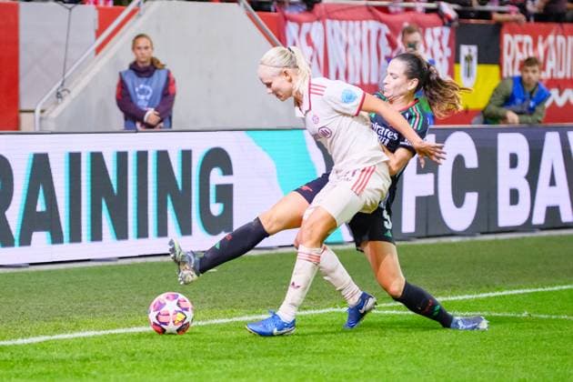 Pernille Harder 21, FC Bayern Munich and Panedas Codina 5, FC Arsenal at the match FC Bayern Munich v FC Arsenal, Football, UEFA Women s Champions League 2024 2025, 1 Matchday on 09 10 2024 in Munich, FC Bayern Campus DFL and DFB regulations prohibit any use of photographs as image sequences and or quasi video Bayern Germany