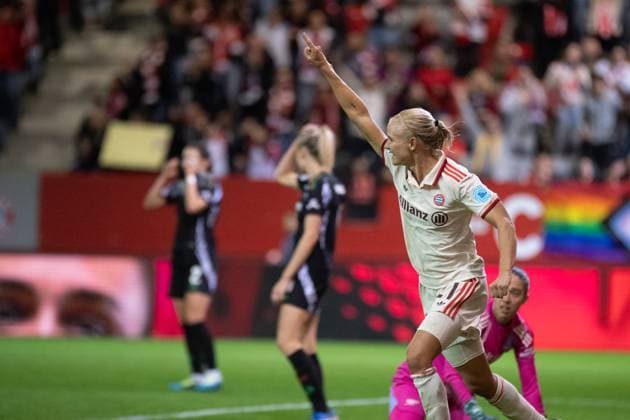 Pernille Harder 21 Bayern celebrates scoring the 5 2 goal during the UEFA Womens Champions League match FC Bayern Munich Arsenal Women Football Club on 09 10 2024