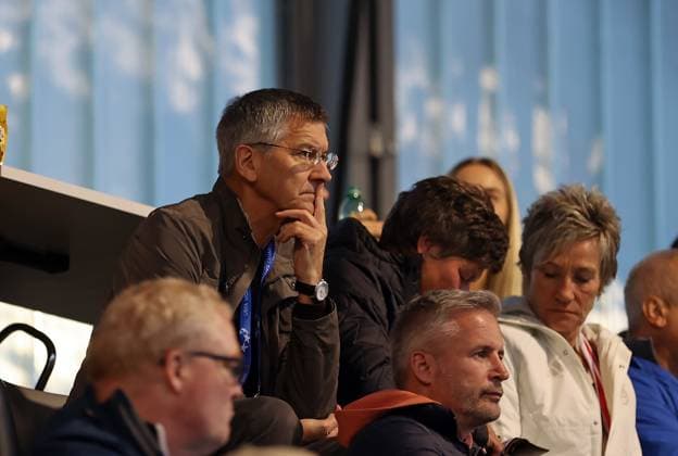 Munich, Germany, 09 October 2024 Football, Women, Champions League, Matchday 1, Season 2024 2025, FC Bayern Munich FC Arsenal, Campus Herbert Hainer, President FC Bayern Munich as spectator on the main stand, finger on mouth, concentrated, thinking, thoughtful