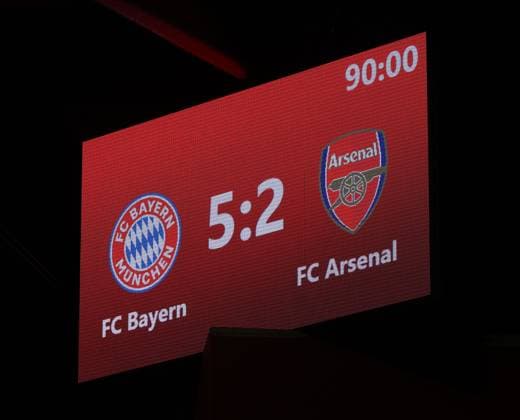 Munich, Germany, 09 October 2024 Soccer, Women, Champions League, Matchday 1, Season 2024 2025, FC Bayern Munich FC Arsenal, Campus Final score 5 2 on the scoreboard