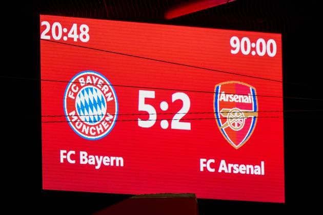 Soccer, UEFA Womens Champions League, 20241009, FC Bayern Munich Arsenal WFC In Picture Scoreboard Screen Videowall Videowall Final Score 5 2 Munich FC Bayern Campus Bayern Germany Copyright: Passion2Press MarkusxFischerx