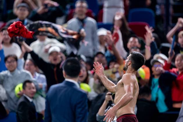 SHANGHAI, CHINA - OCTOBER 09: Novak Djokovic of Serbia celebrates after winning the Men s Singles Round of 16 match against Roman Safiullin of Russia on Day 10 of 2024 Shanghai Rolex Masters at Qi Zhong Tennis Centre on October 9, 2024 in Shanghai, China.  Copyright: xVCGx 111522783989