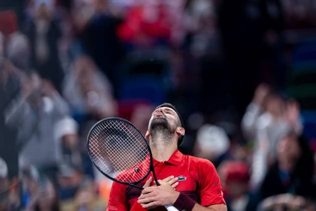 SHANGHAI, CHINA - OCTOBER 09: Novak Djokovic of Serbia celebrates after winning the Men s Singles Round of 16 match against Roman Safiullin of Russia on Day 10 of 2024 Shanghai Rolex Masters at Qi Zhong Tennis Centre on October 9, 2024 in Shanghai, China.  Copyright: xVCGx 111522783987