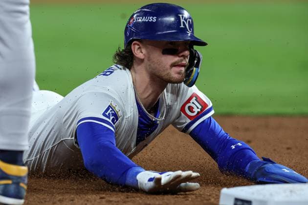 October 9, 2024: Kansas City Royals shortstop Bobby Witt Jr. (7) slides into third base safe on a Kansas City Royals catcher Salvador Perez (13) single during the eighth inning of game 3 of the American League Division Series at Kauffman Stadium in Kansas City, MO. CSM Kansas City United States of America - ZUMAc04_ 20241009_zma_c04_047 Copyright: xDavidxSmithx