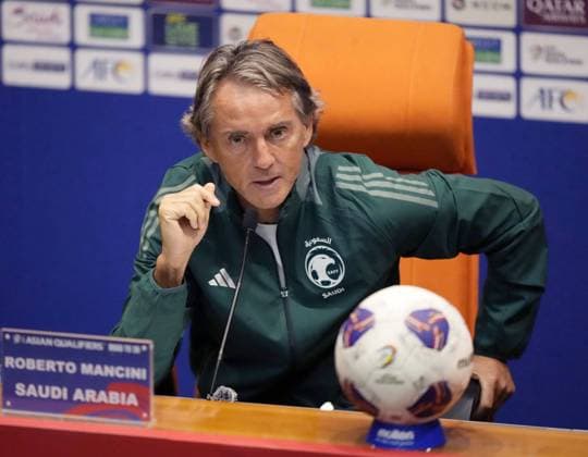 Football: World Cup qualifier Saudi Arabia head coach Roberto Mancini speaks at a press conference, PK, Pressekonferenz in Jeddah, Saudi Arabia, on Oct. 9, 2024, ahead of a 2026 football World Cup final-round Asian qualifier against Japan.  A14AA0003566819P