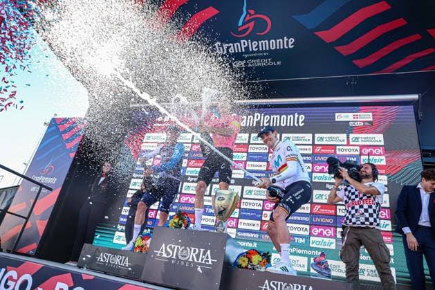 Podium Gran Piemonte, POWLESS Neilson, STRONG Corbin, ARANBURU Alexander during Gran Piemonte, Street Cycling race in Borgomanero, Italy, October 10 2024  Copyright: xTommasoxBerardi IPAxSportx xipa-x xx IPA_50495946 IPA_Agency_IPA50495946