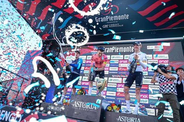 October 10, 2024, Borgomanero, Milan, Italy: Podium Gran Piemonte, POWLESS Neilson, STRONG Corbin, ARANBURU Alexander during Gran Piemonte, Street Cycling race in Borgomanero, Italy, October 10 2024 CICLISMO - Ciclismo Su Strada - Gran Piemonte - ZUMAs349 20241010_zsa_s349_039 Copyright: xTommasoxBerardi IpaxSportx xIpax