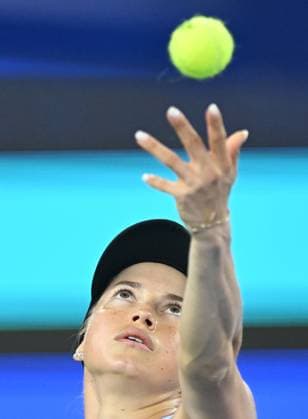 (241010) -- WUHAN, Oct. 10, 2024 -- Yulia Putintseva serves during the women s singles round of 16 match between Aryna Sabalenka of Belarus and Yulia Putintseva of Kazakhstan at the 2024 Wuhan Open tennis tournament in Wuhan, capital of central China s Hubei Province, Oct. 10, 2024. ) (SP)CHINA-WUHAN-TENNIS-WUHAN OPEN-WOMEN S SINGLES (CN) ChengxMin 
