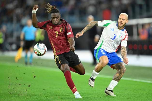 Italy v Belgium - UEFA Nations League 10 10 2024 ROME, ITALY - OCTOBER 10 : Doku Jeremy forward of Belgium battles for possession with Dimarco Frederico defender of Italy during the 2024 - 2025 UEFA Nations League - League phase League A Group A2 match between Italy and Belgium at the Stadio Olympico on October 10, 2024 in Rome, Italy, 10 10 2024 Rome Italy  Copyright: xNicoxVereeckenx