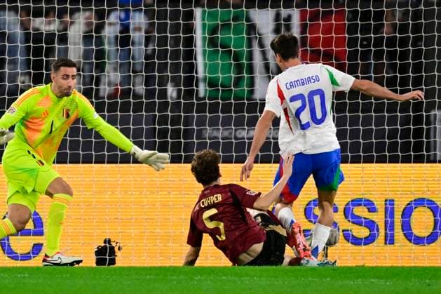 Italy v Belgium - UEFA Nations League 10 10 2024 ROME, ITALY - OCTOBER 10 : Casteels Koen goalkeeper of Belgium, De Cuyper Maxim midfielder of Belgium, Cambiaso Andrea defender of Italy scores the opening goal during the 2024 - 2025 UEFA Nations League - League phase League A Group A2 match between Italy and Belgium at the Stadio Olympico on October 10, 2024 in Rome, Italy, 10 10 2024 Rome Italy  Copyright: xPeterxDexVoechtx