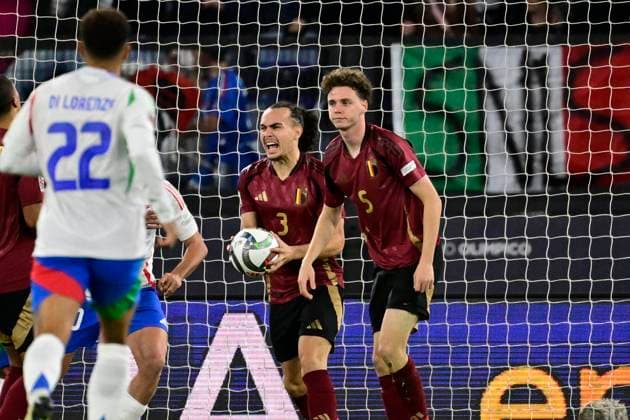Italy v Belgium - UEFA Nations League 10 10 2024 ROME, ITALY - OCTOBER 10 : Casteels Koen goalkeeper of Belgium, De Cuyper Maxim midfielder of Belgium, Cambiaso Andrea defender of Italy scores the opening goal during the 2024 - 2025 UEFA Nations League - League phase League A Group A2 match between Italy and Belgium at the Stadio Olympico on October 10, 2024 in Rome, Italy, 10 10 2024 Rome Italy  Copyright: xPeterxDexVoechtx
