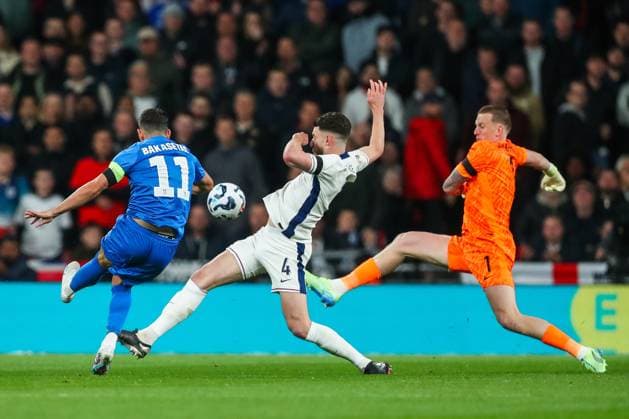 UEFA Nations League - League B - Group B2 - England v Greece Anastasios Bakasetas of Greece shoots during the UEFA Nations League - League B - Group B2 - match England vs Greece at Wembley Stadium, London, United Kingdom, 10th October 2024 (Photo by Gareth Evans News Images) London Wembley Stadium Greater London United Kingdom Copyright: xGarethxEvans NewsxImagesx