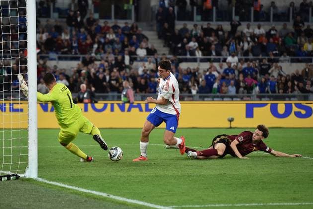 Andrea Cambiaso of Italy scores the goal of 1-0 during the UEFA Nations League football match between Italy and Belgium at Olimpico stadium in Rome (Italy), October 10, 2024. antoniettaxbaldassarre