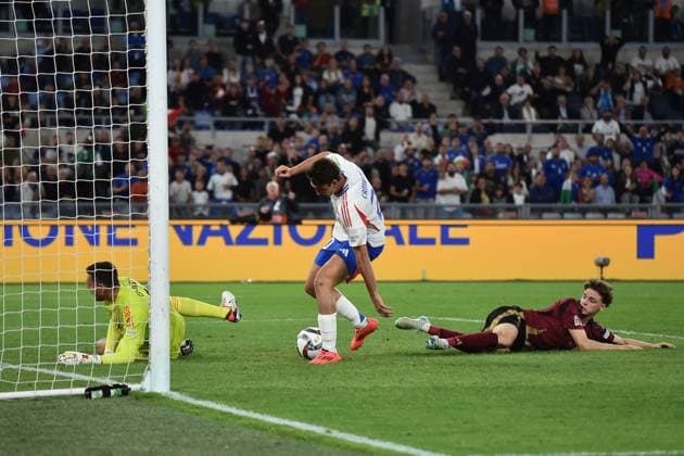 Andrea Cambiaso of Italy scores the goal of 1-0 during the UEFA Nations League football match between Italy and Belgium at Olimpico stadium in Rome (Italy), October 10, 2024. antoniettaxbaldassarre