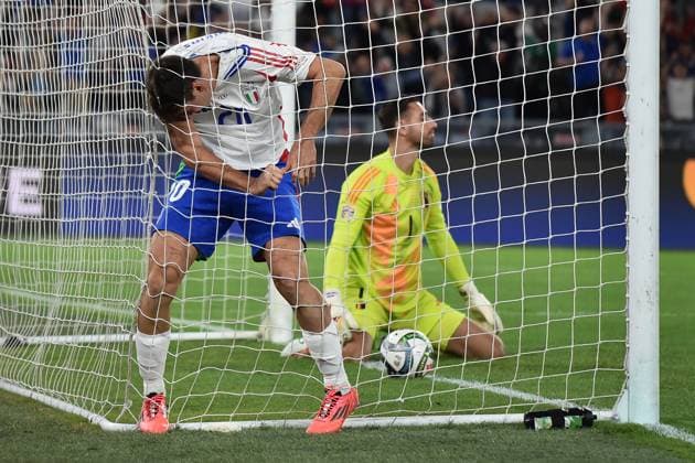 Andrea Cambiaso of Italy scores the goal of 1-0 during the UEFA Nations League football match between Italy and Belgium at Olimpico stadium in Rome (Italy), October 10, 2024. antoniettaxbaldassarre