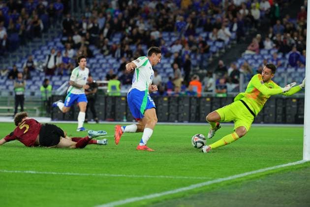 Andrea Cambiaso of Italy scores the goal of 1-0 during the UEFA Nations League football match between Italy and Belgium at Olimpico stadium in Rome (Italy), October 10th, 2024. cesarexpurini