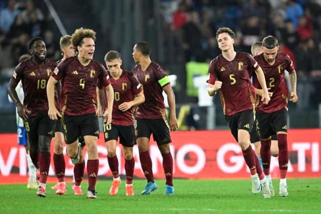 Italy v Belgium - UEFA Nations League 10 10 2024 ROME, ITALY - OCTOBER 10 : The team of Belgium celebrates after the 2-1 goal of De Cuyper Maxim midfielder of Belgium during the 2024 - 2025 UEFA Nations League - League phase League A Group A2 match between Italy and Belgium at the Stadio Olympico on October 10, 2024 in Rome, Italy, 10 10 2024 Rome Italy  Copyright: xNicoxVereeckenx