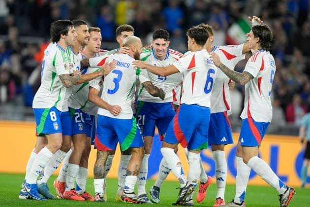 Andrea Cambiaso (Italy) celebrates after scoring his team s first goal with team mates, UEFA Nations League 2024 25 League A Group A2, Italy v Belgium, Stadio Olimpico, October 10, 2024, Rome, Italy.