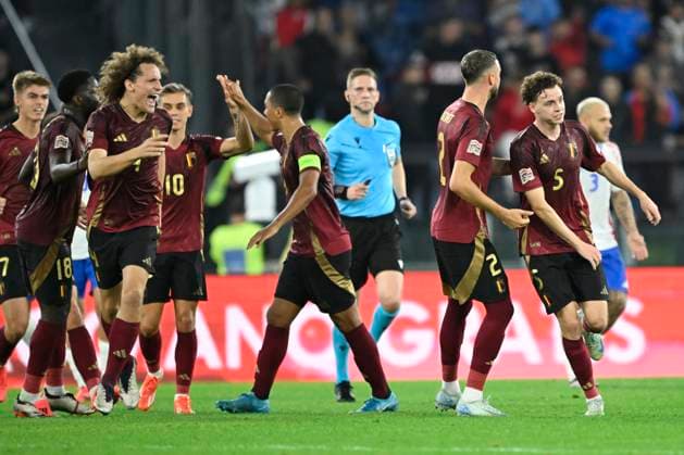 Italy v Belgium - UEFA Nations League 10 10 2024 ROME, ITALY - OCTOBER 10 : The team of Belgium celebrates after the 2-1 goal of De Cuyper Maxim midfielder of Belgium during the 2024 - 2025 UEFA Nations League - League phase League A Group A2 match between Italy and Belgium at the Stadio Olympico on October 10, 2024 in Rome, Italy, 10 10 2024 Rome Italy  Copyright: xNicoxVereeckenx