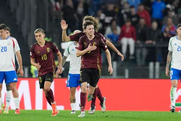 Maxim De Cuyper (Belgium) celebrates after scoring his team s first goal with team mates, UEFA Nations League 2024 25 League A Group A2, Italy v Belgium, Stadio Olimpico, October 10, 2024, Rome, Italy.